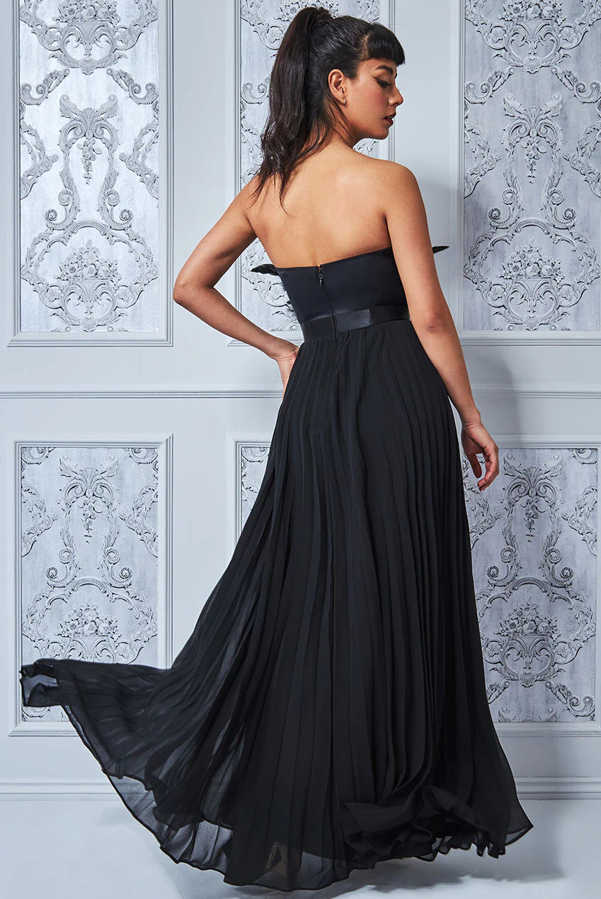 Black Maxi Dress Pleated Feathers Corset
