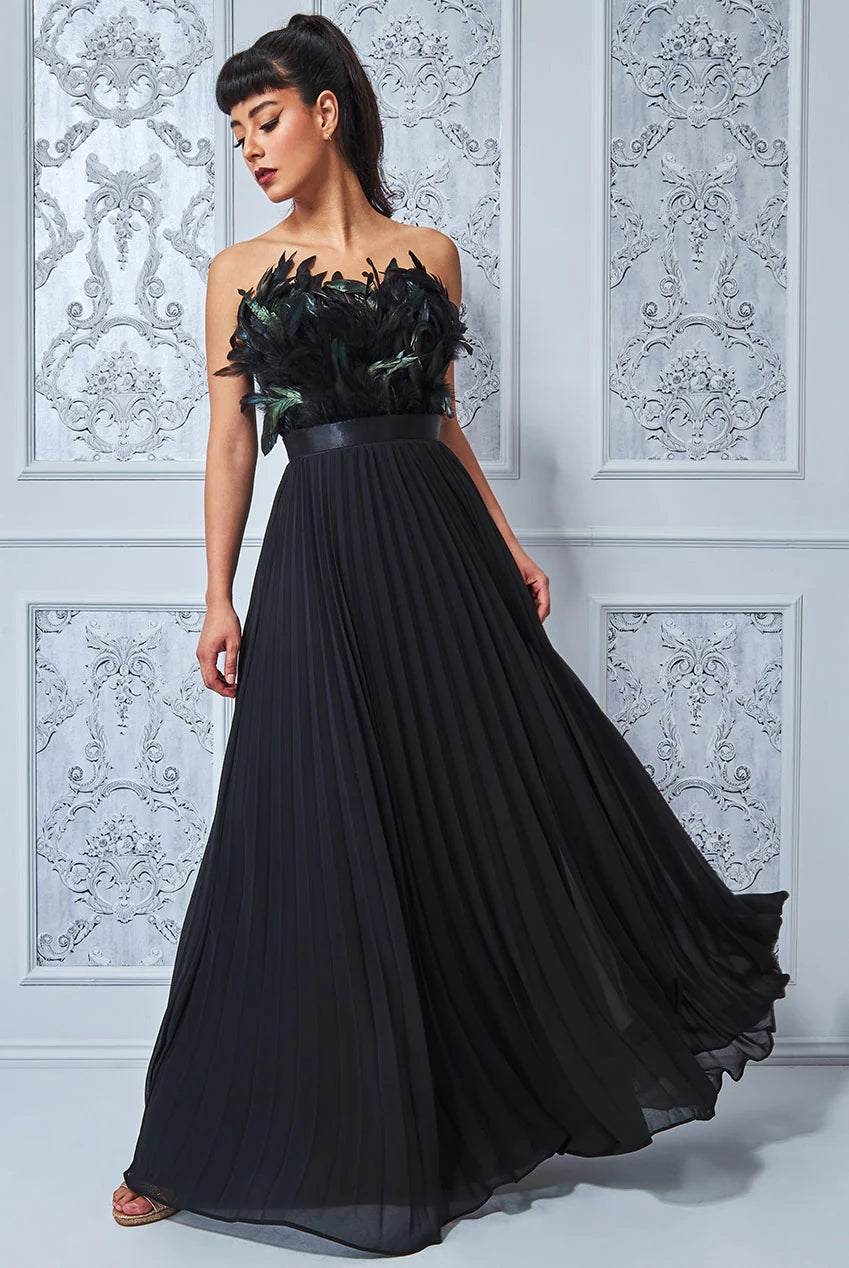 Black Maxi Dress Pleated Feathers Corset