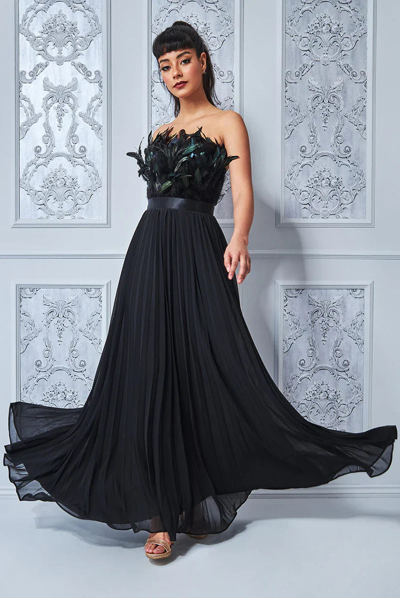 Black Maxi Dress Pleated Feathers Corset