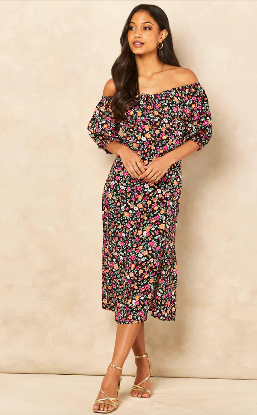 Black Floral Print Midi Dress With Split