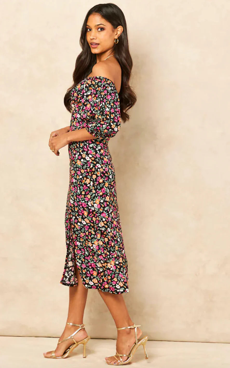 Black Floral Print Midi Dress With Split