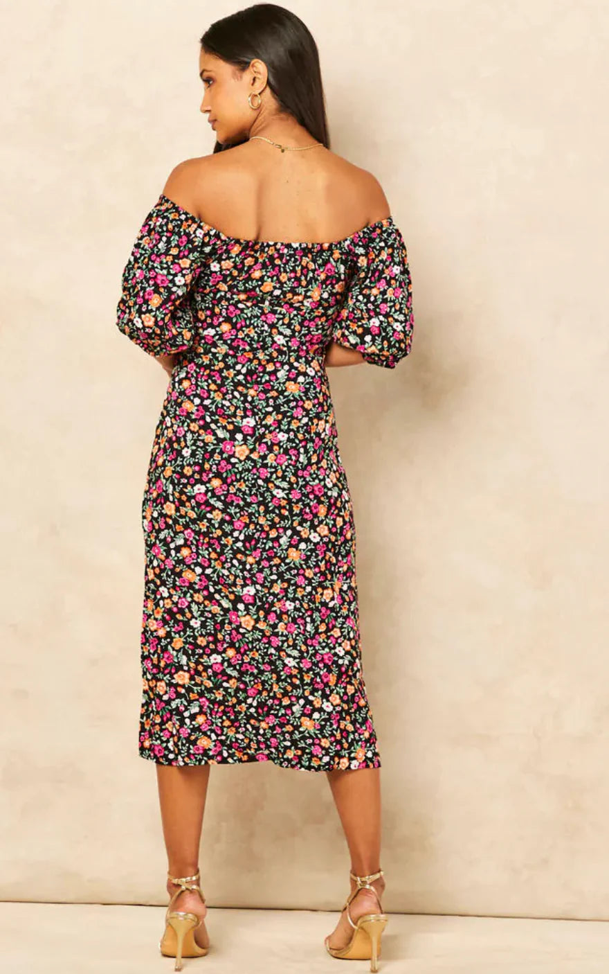 Black Floral Print Midi Dress With Split