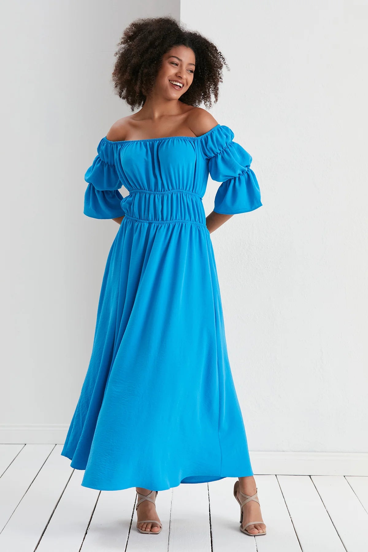 Elasticated Maxi Dress In Blue