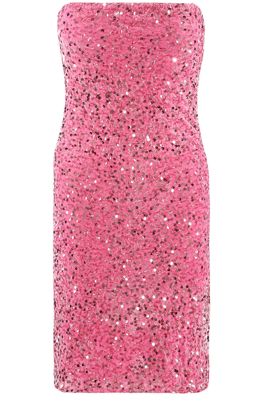 Róslitaður bandeau-kjóll með sequin-mynstri
