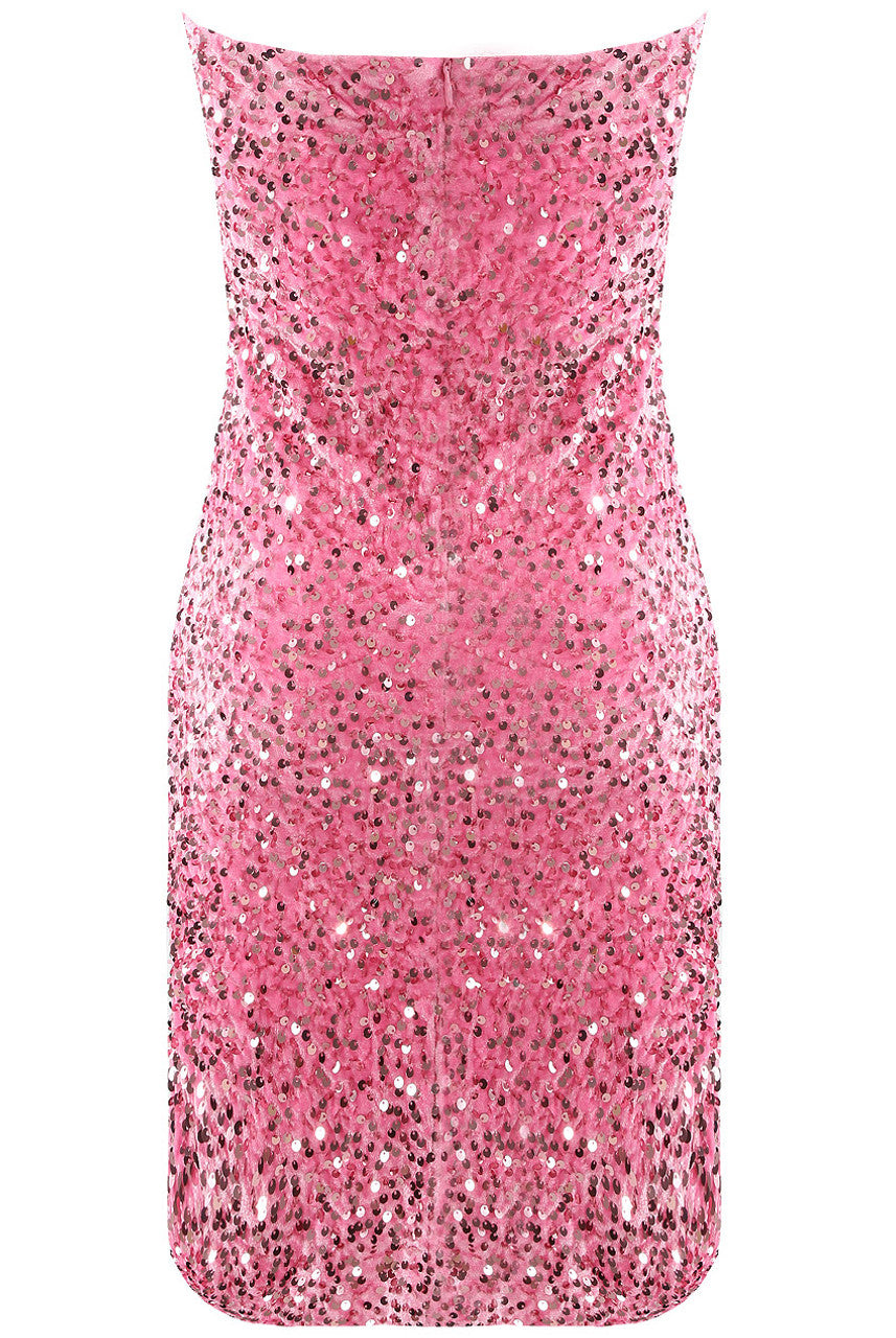 Róslitaður bandeau-kjóll með sequin-mynstri