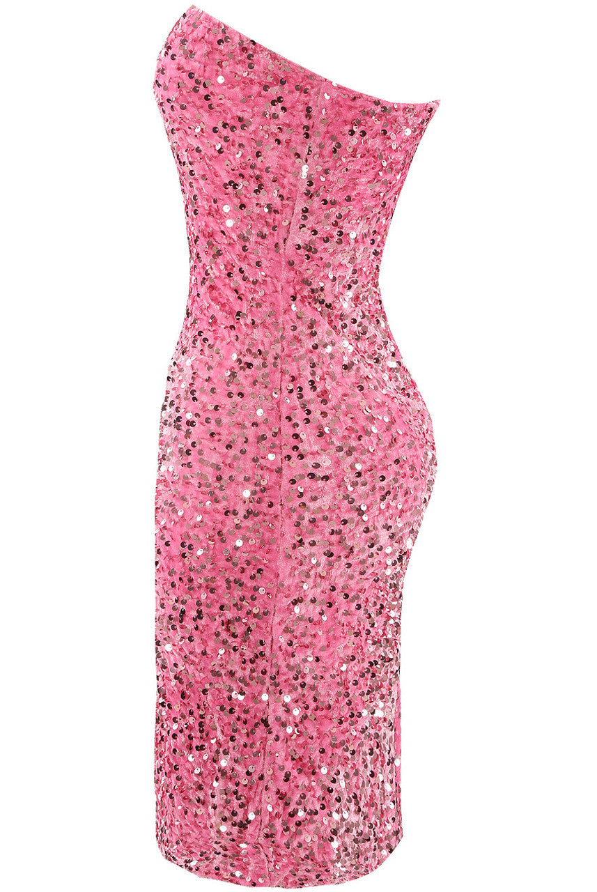 Róslitaður bandeau-kjóll með sequin-mynstri