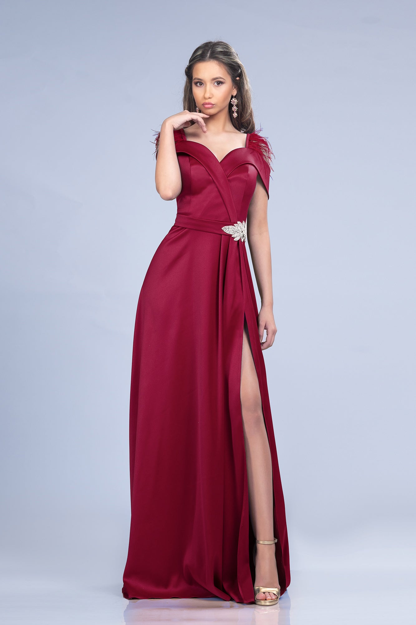 Elegant Burgundy Long Dress Taffeta
