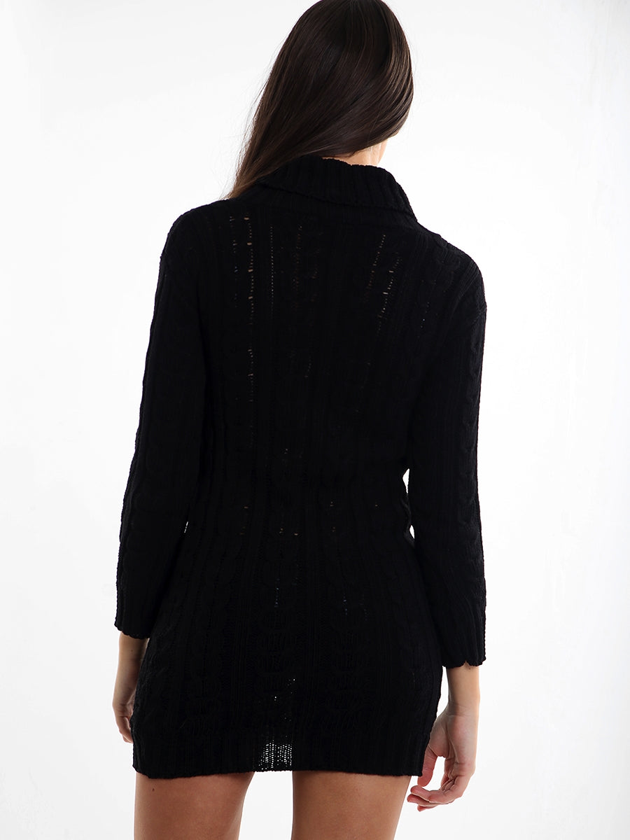 Black Roll Neck Cable Knit Jumper Dress