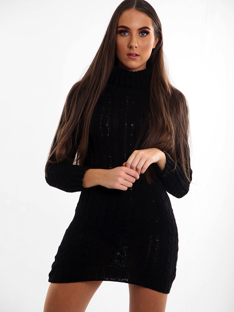 Black Roll Neck Cable Knit Jumper Dress
