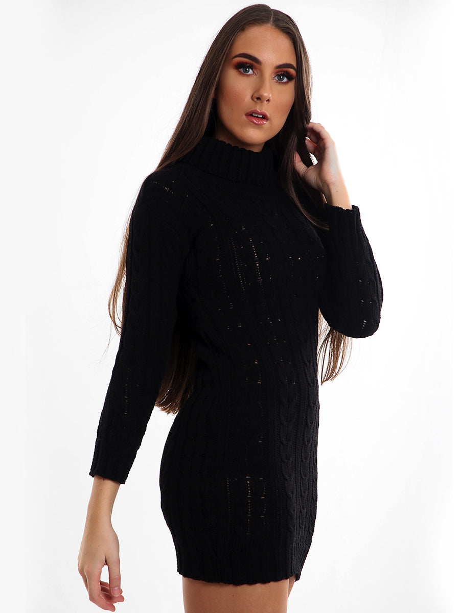 Black Roll Neck Cable Knit Jumper Dress