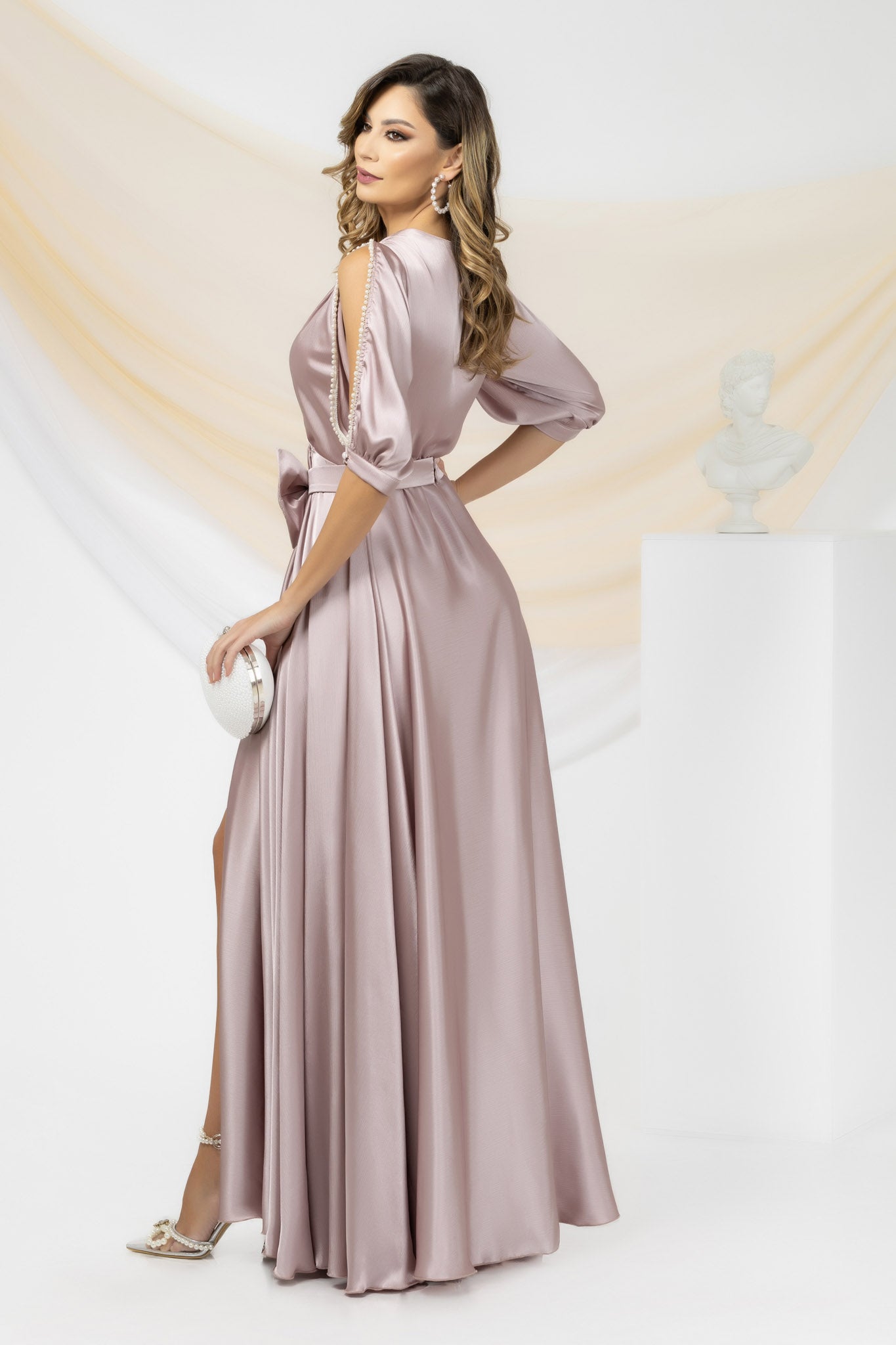 Dusty Rosé Long Dress With Pearl Appliqué On The Sleeves