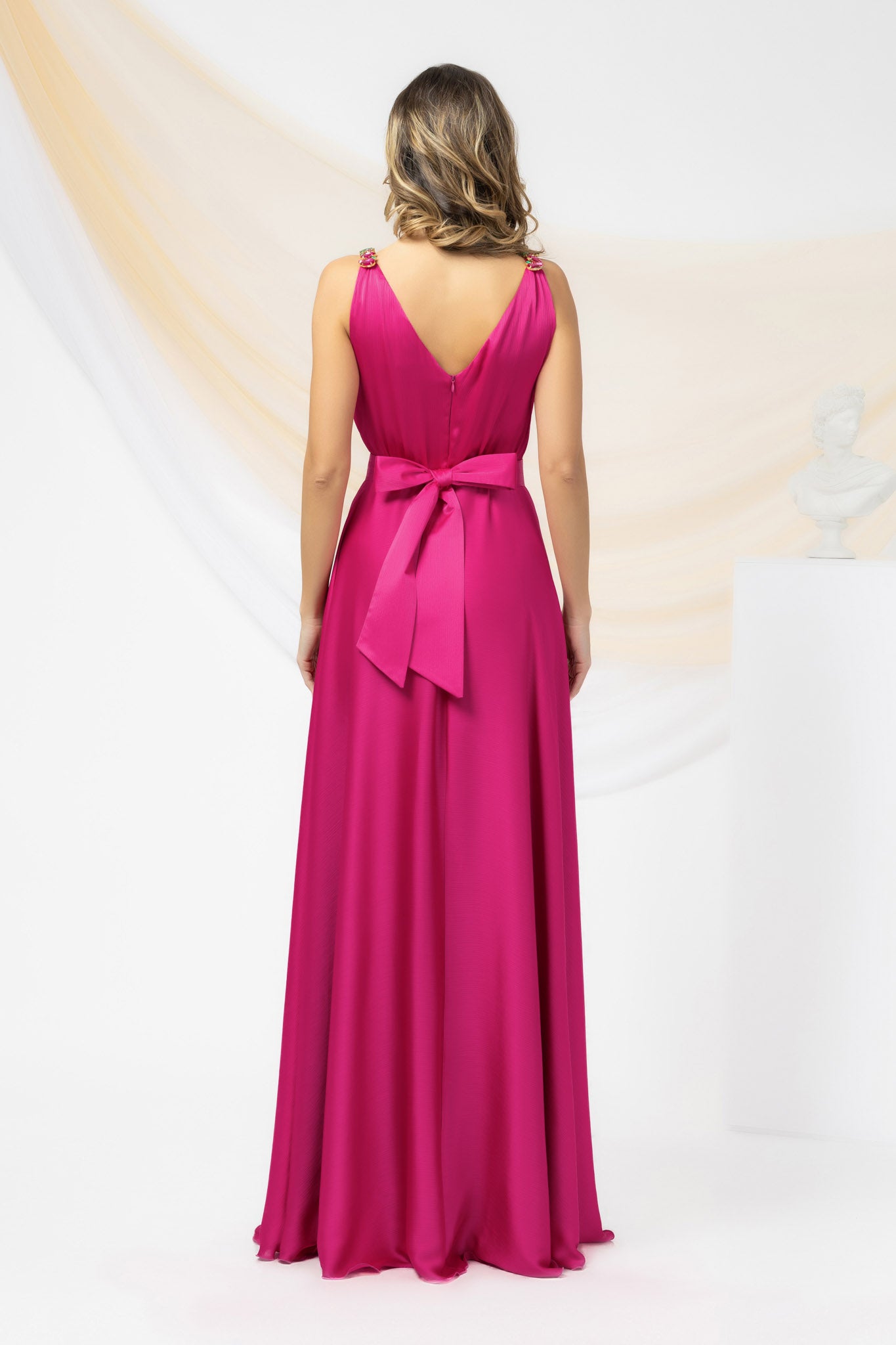 Fuchsia Long Sleeveless Occasional Dress With Detachable Drawstring And Crystal Buckle