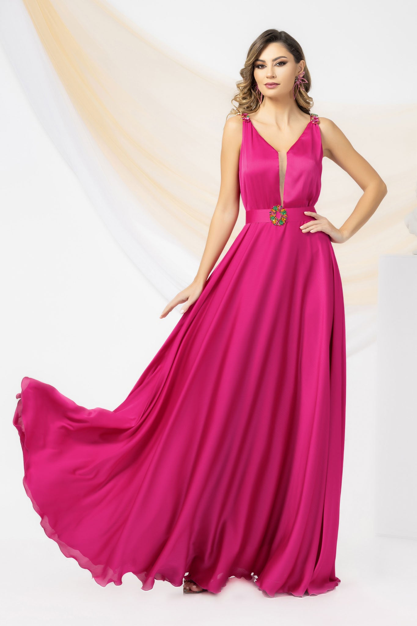 Fuchsia Long Sleeveless Occasional Dress With Detachable Drawstring And Crystal Buckle
