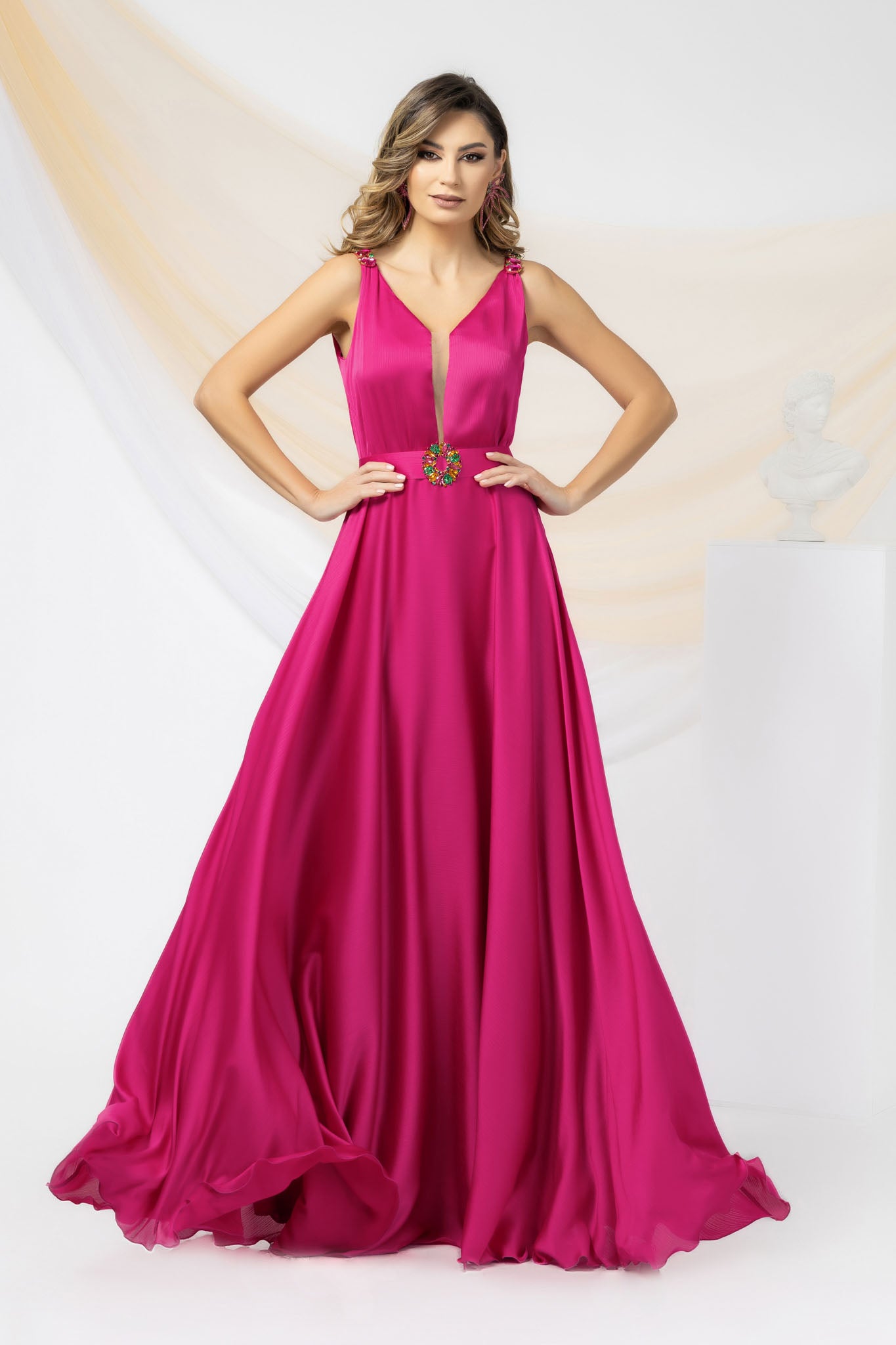 Fuchsia Long Sleeveless Occasional Dress With Detachable Drawstring And Crystal Buckle