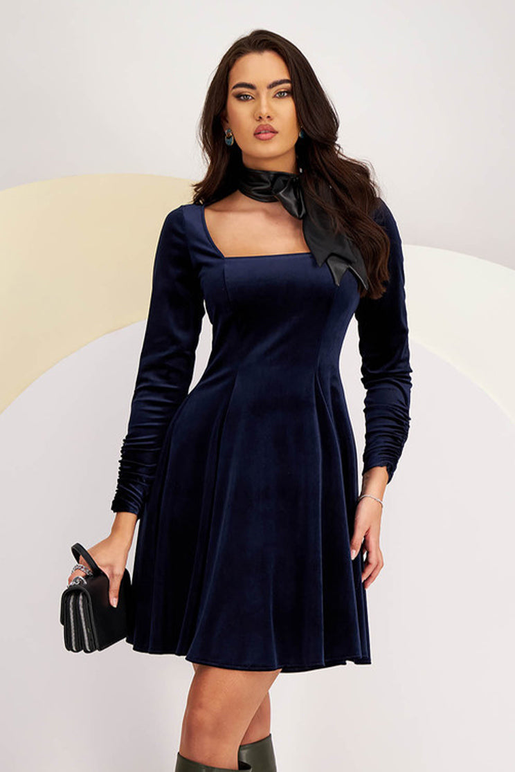 Navy Blue Velvet Short A-line Dress With Square Neckline