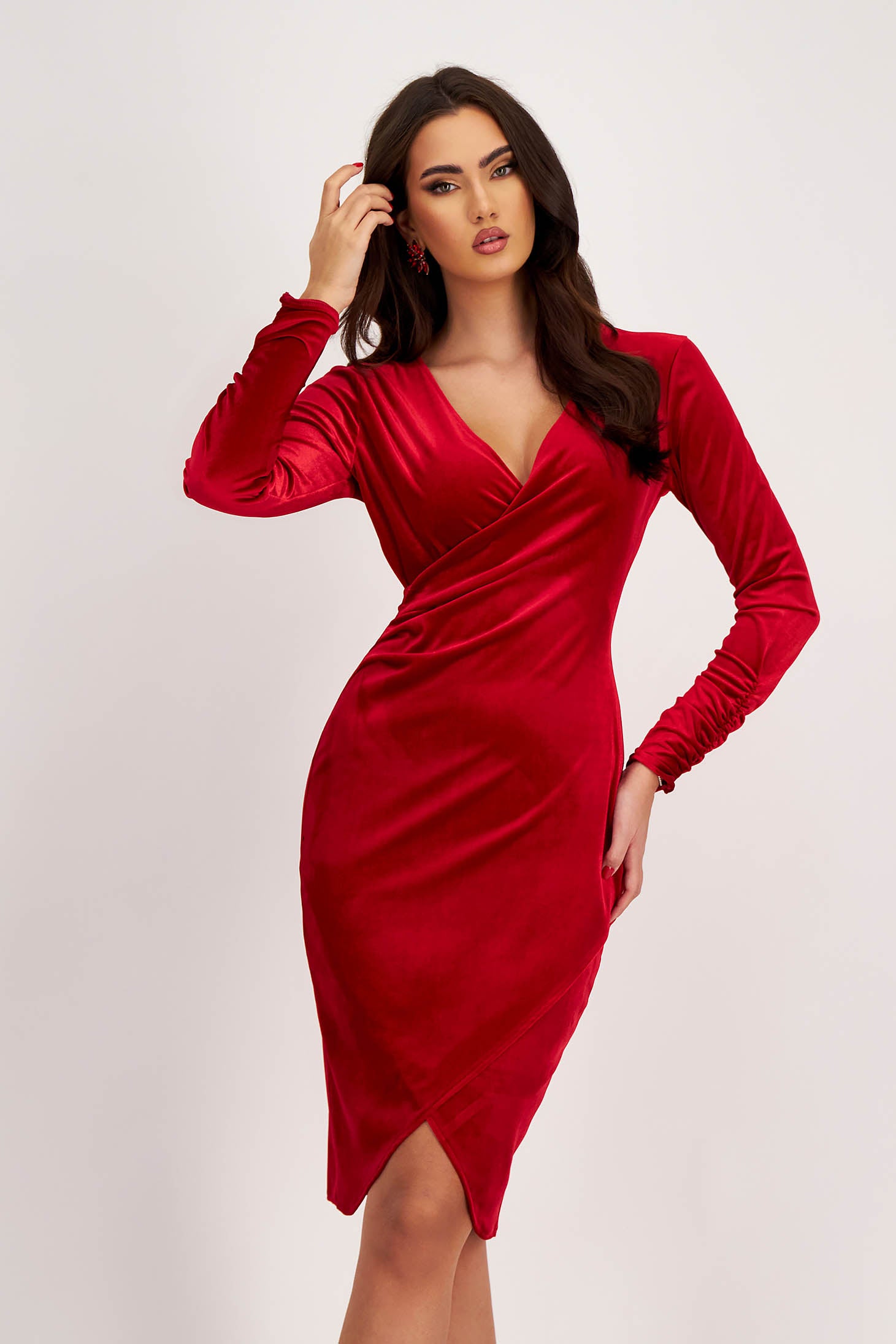 red long sleeve pencil dress Red Velvet Pencil Dress With Wrap Over Neckline
