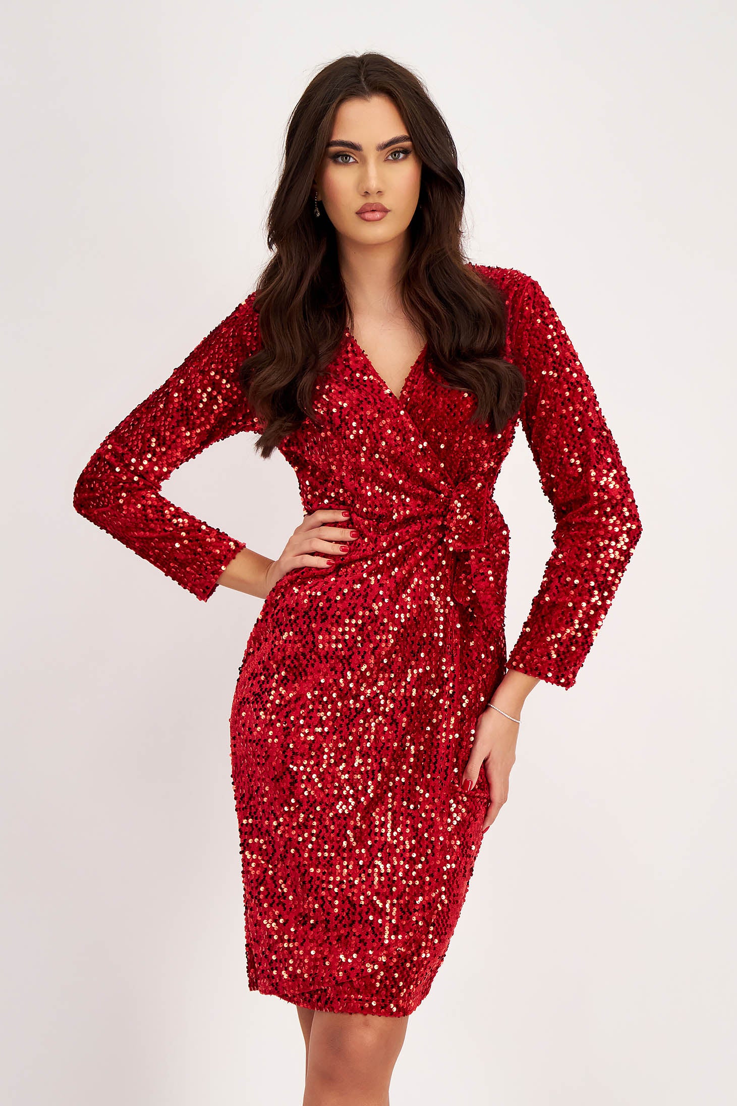 Red Sequined Velvet Pencil Dress With Wrap Over Neckline