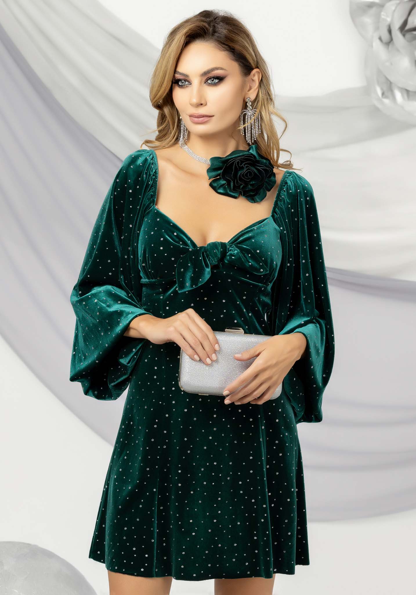Green Elegant Velvet Mini Dress With Silver Inserts