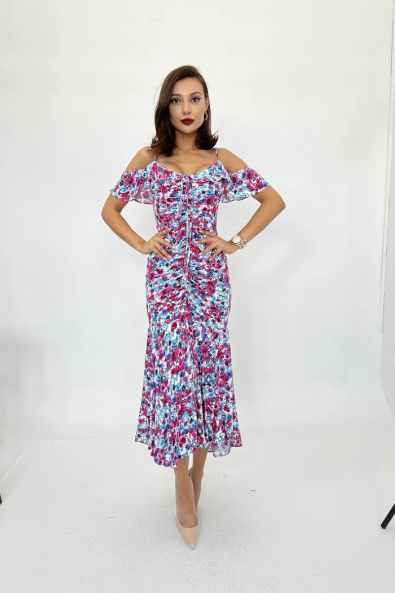 Enchanted Bloom Ruched Cold-Shoulder kjóll