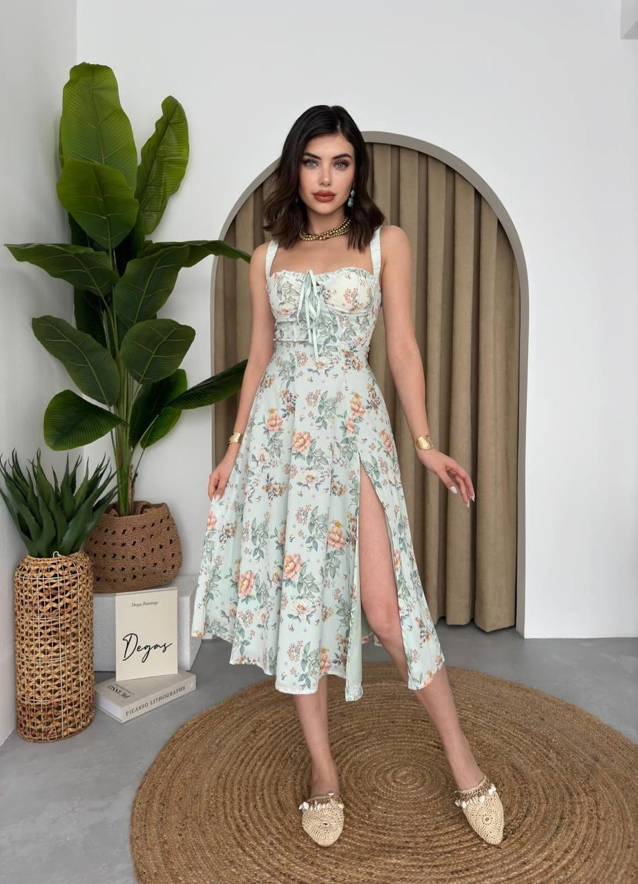 Mint Bloom midi kjóll með snærum