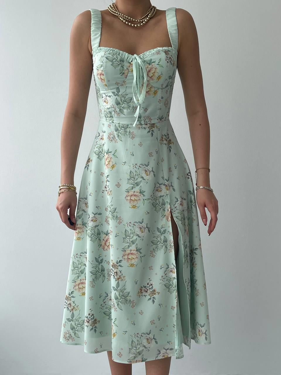 Mint Bloom midi kjóll með snærum