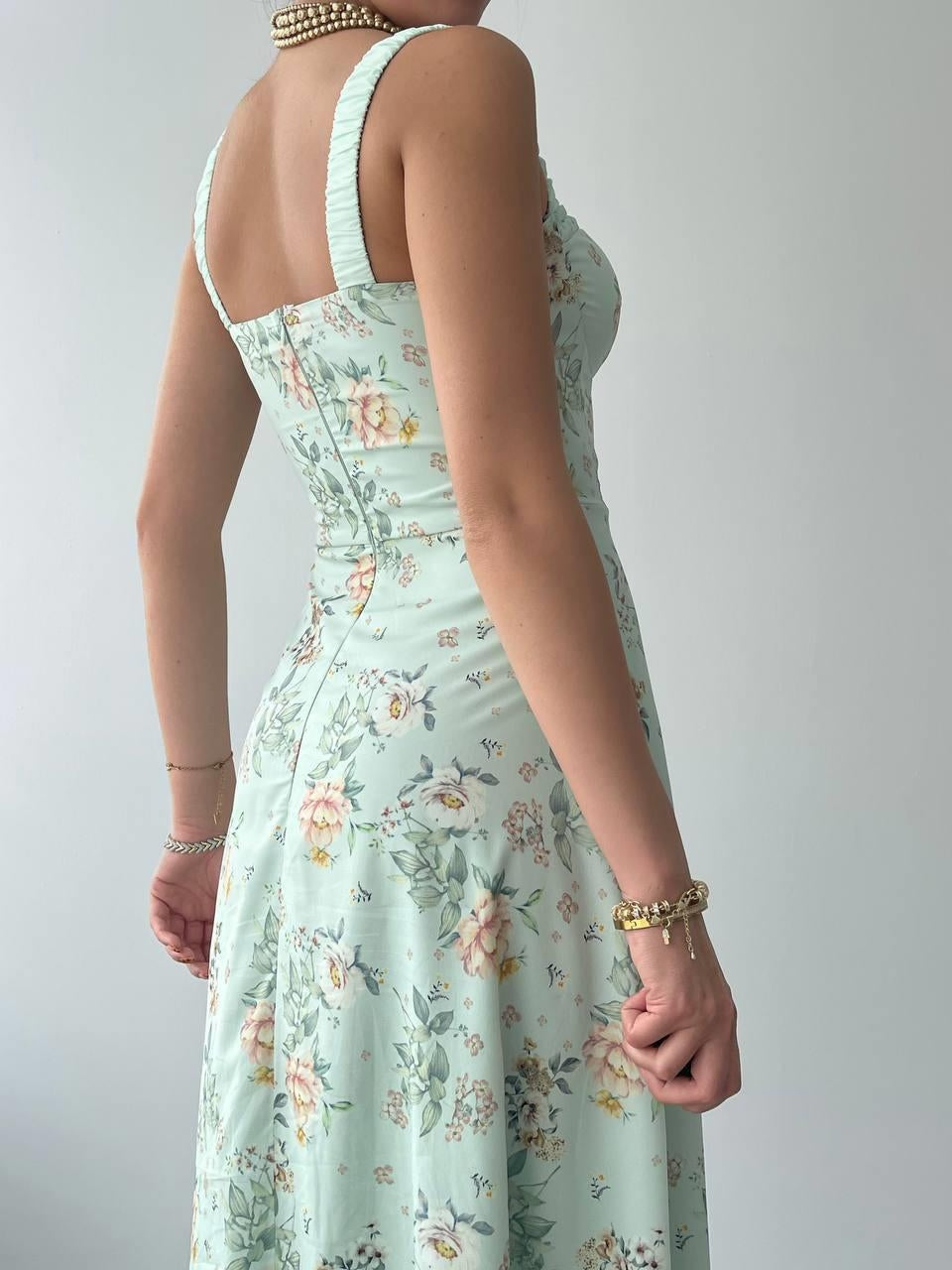 Mint Bloom midi kjóll með snærum