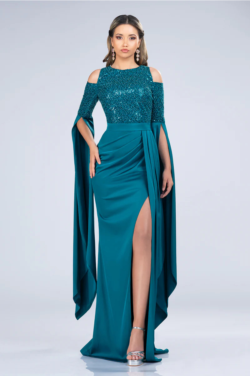Teal Radiance Cold-Shoulder Sequin Gown Dress Teal Radiance Cold-Shoulder Sequin Gown Dress