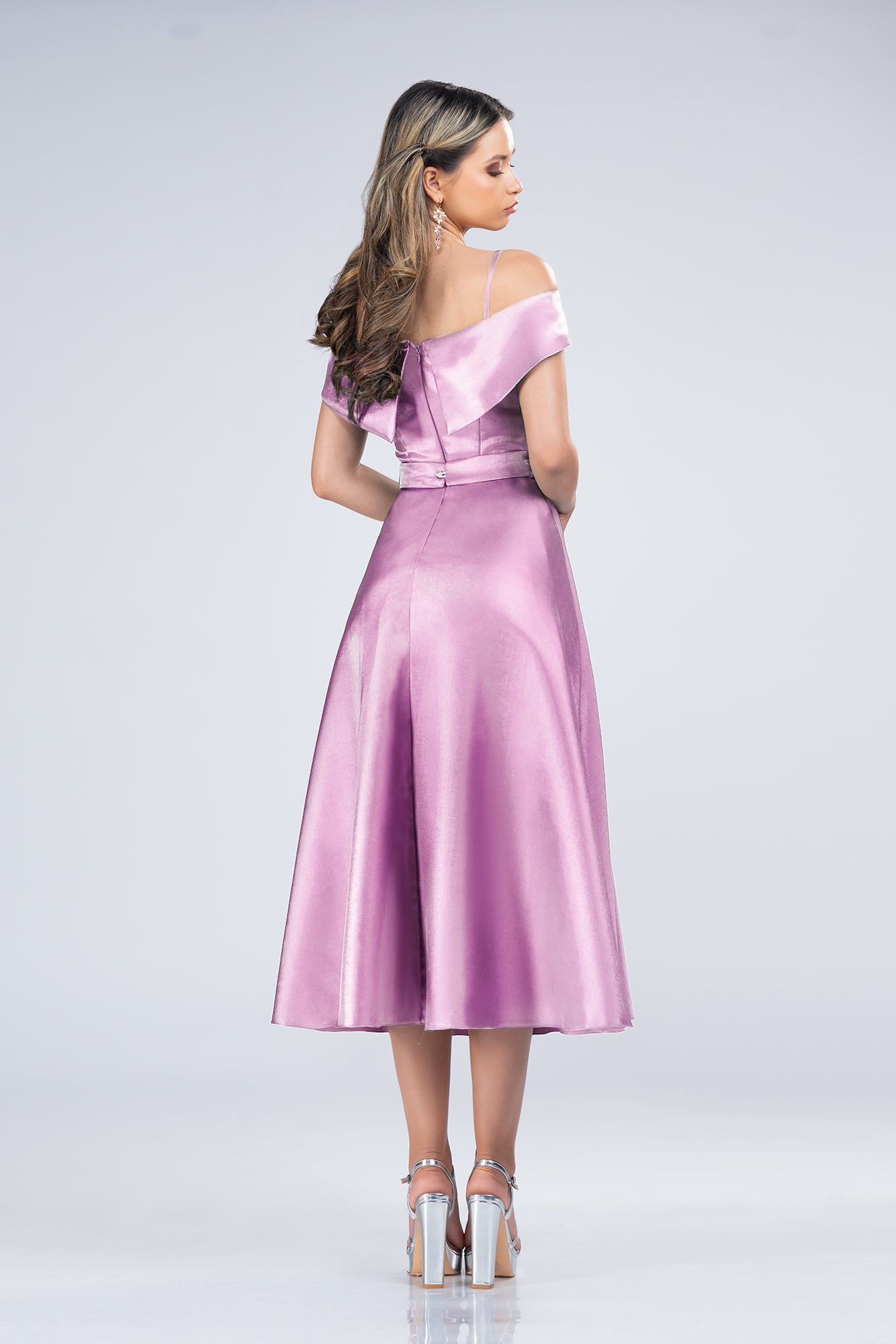 Lilac Radiance Off-Shoulder Evening Gown Midi Dress