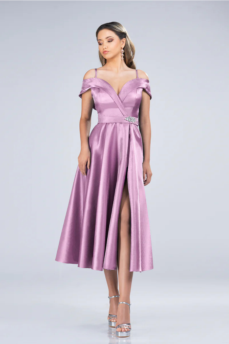 Lilac Radiance Off-Shoulder Evening Gown Midi Dress