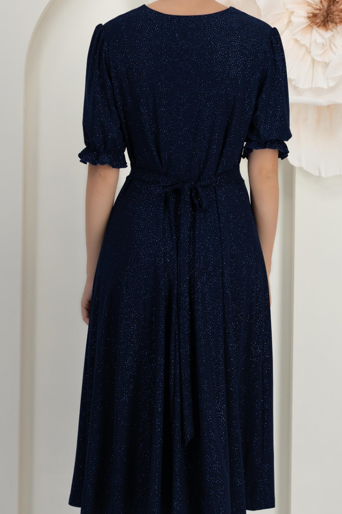 Navy Glitter Lycra Midi A-Line Dress With Decorative Buttons.
