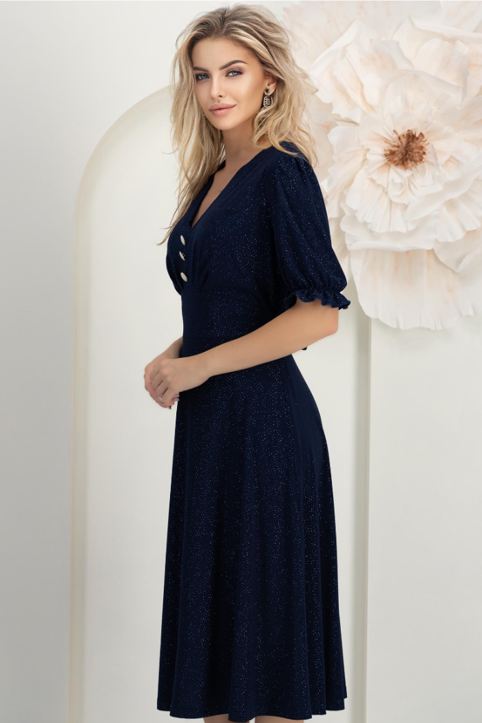 Navy Glitter Lycra Midi A-Line Dress With Decorative Buttons.