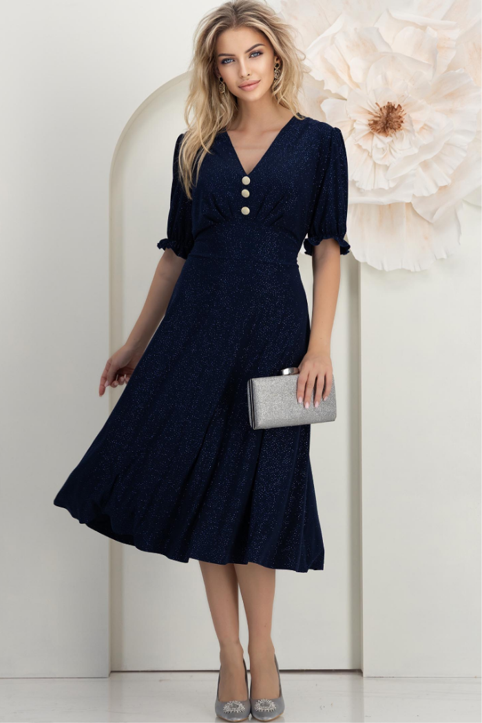 Navy Glitter Lycra Midi A-Line Dress With Decorative Buttons.