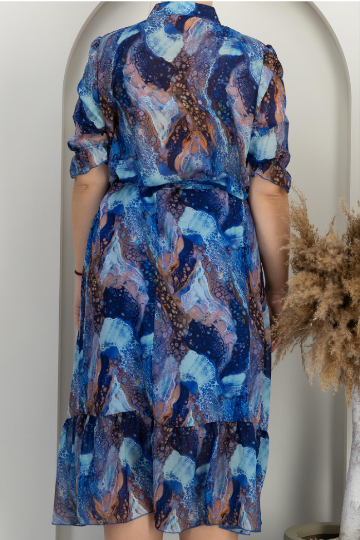 Midi Chiffon A-Line Dress With Short Puff Sleeves And A Detachable Belt.
