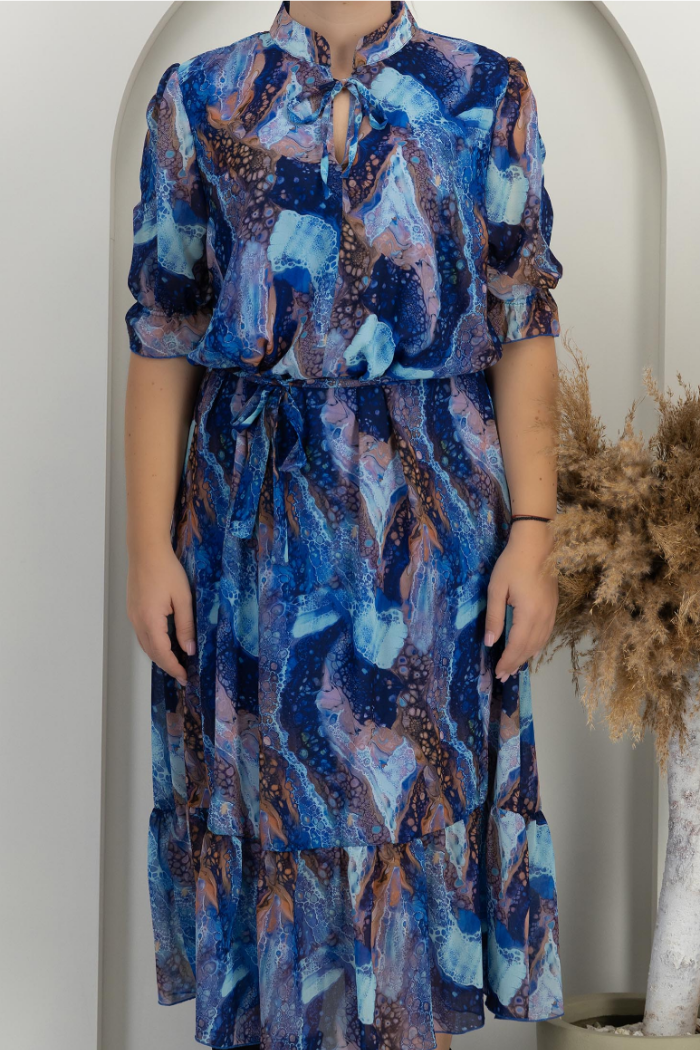 Midi Chiffon A-Line Dress With Short Puff Sleeves And A Detachable Belt.