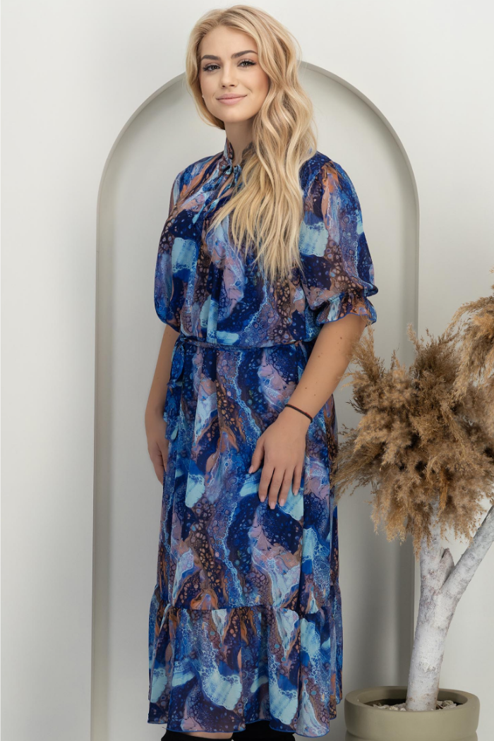 Midi Chiffon A-Line Dress With Short Puff Sleeves And A Detachable Belt.