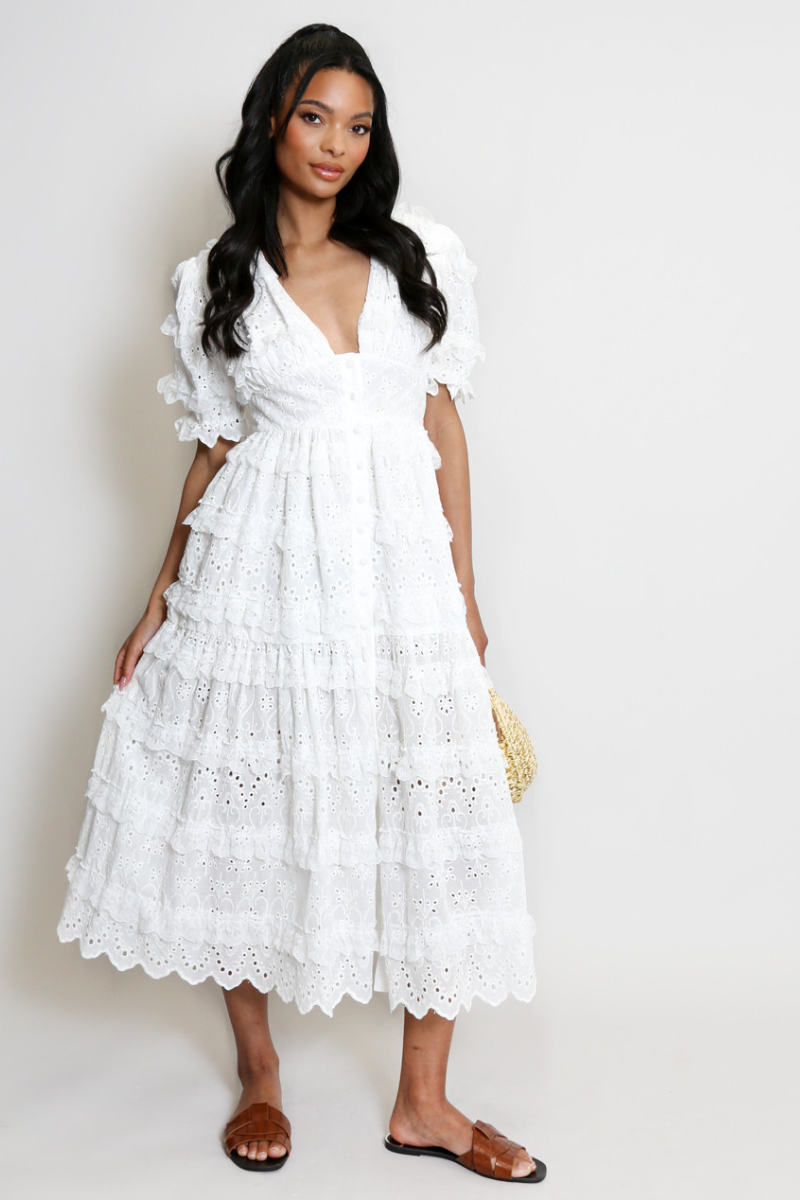 midi white embroidered dress White Embroidered Cotton Midi Dress