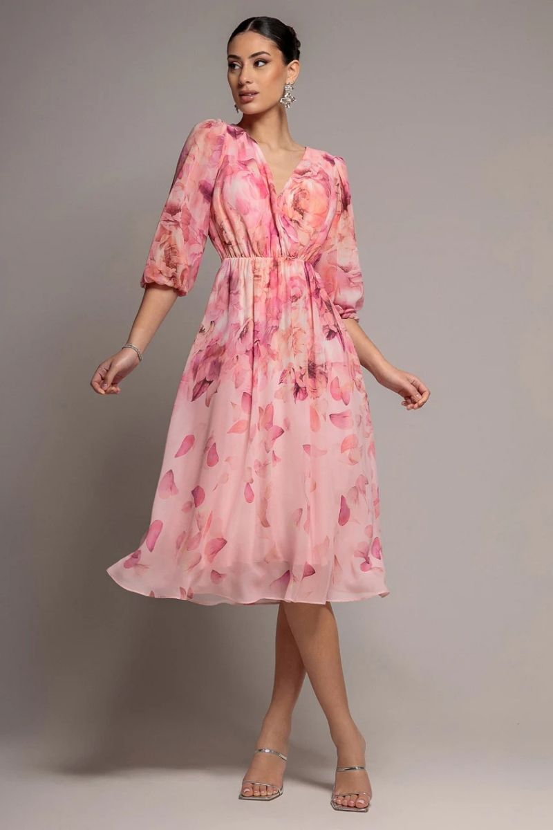 Pink Floral Wrap Flared Midi Dress with Elastic Waist