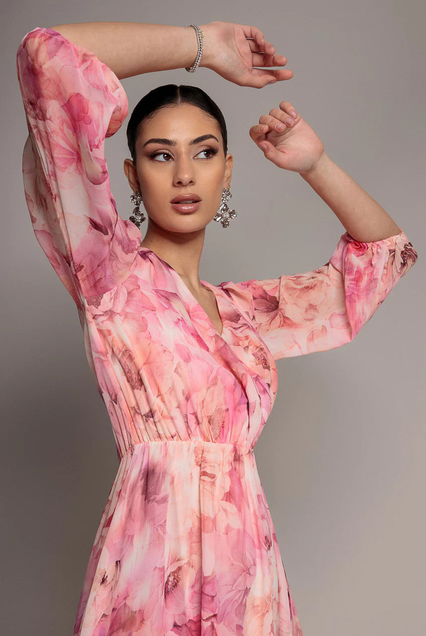 Pink Floral Wrap Flared Midi Dress with Elastic Waist