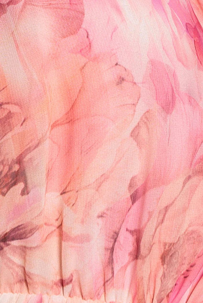 Pink Floral Wrap Flared Midi Dress with Elastic Waist