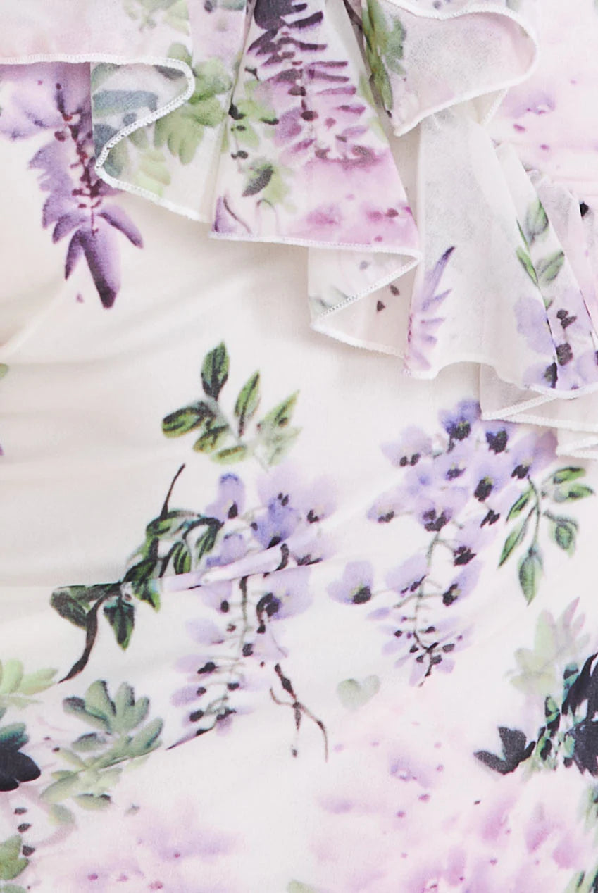 White Floral Mermaid Maxi Dress with Ruffle Neck