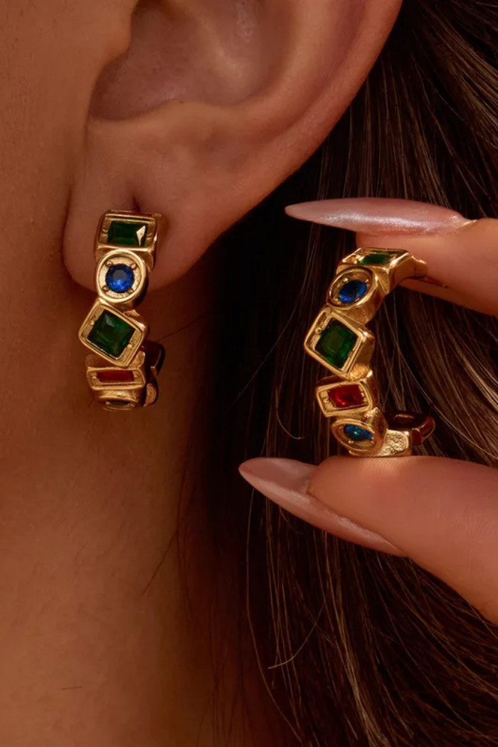 18K Gullhúðaðar Vintage Zirconia Eyrnalokkar – Hring- og Ferningahönnun