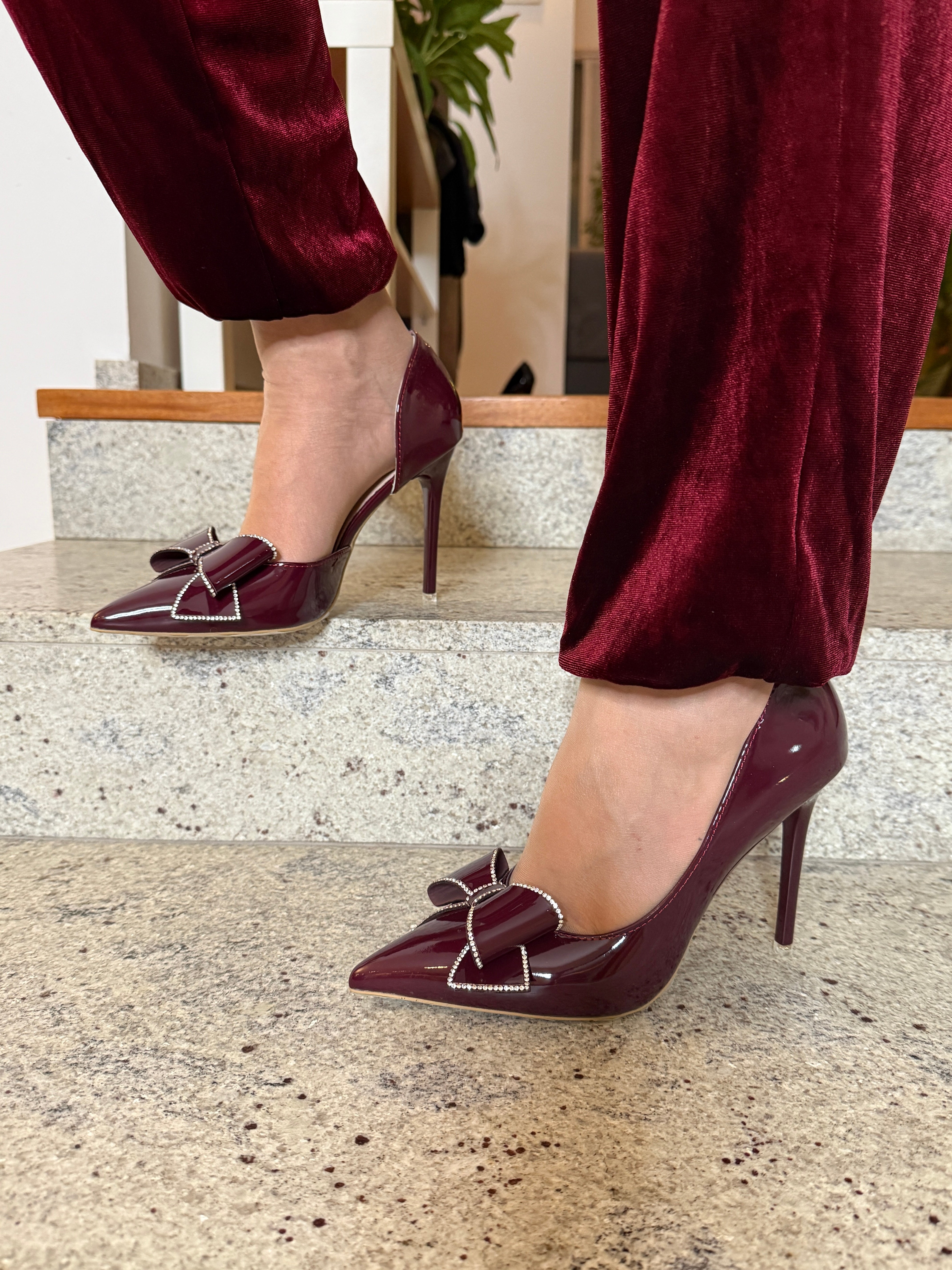 Glossy Burgundy Heels with Rhinestone Bow
