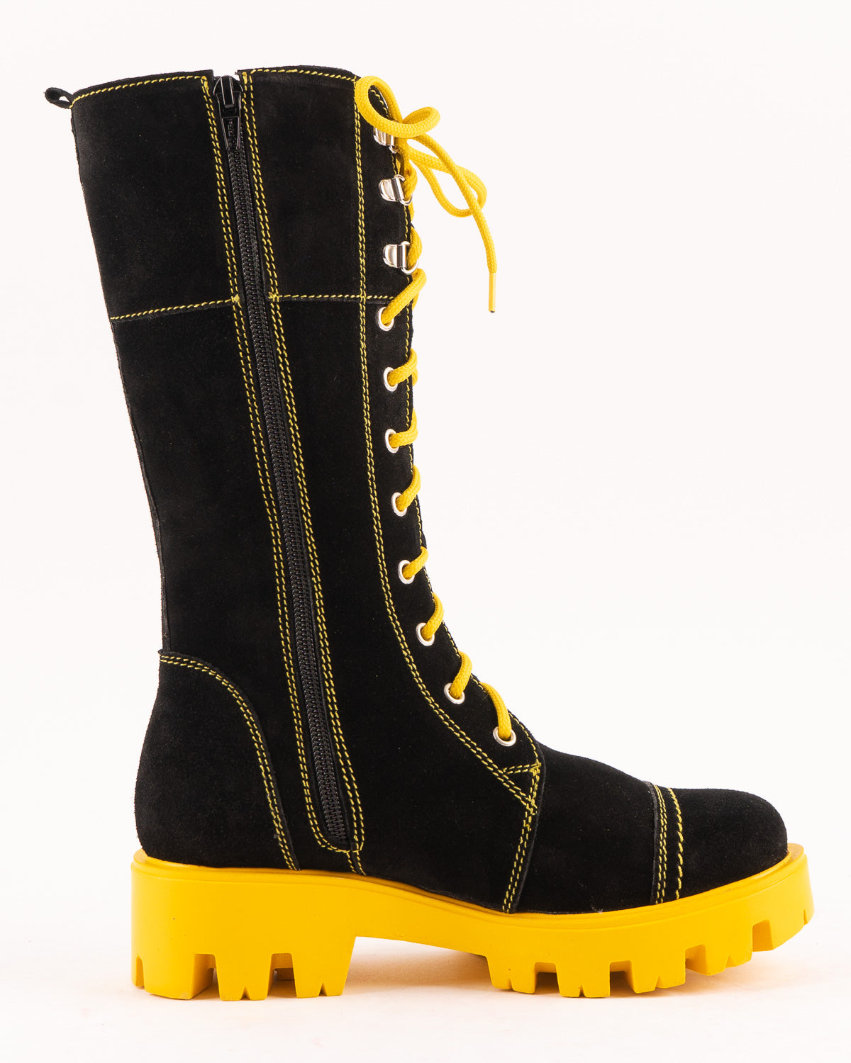 Black Yellow Boots Natural Suede With Laces