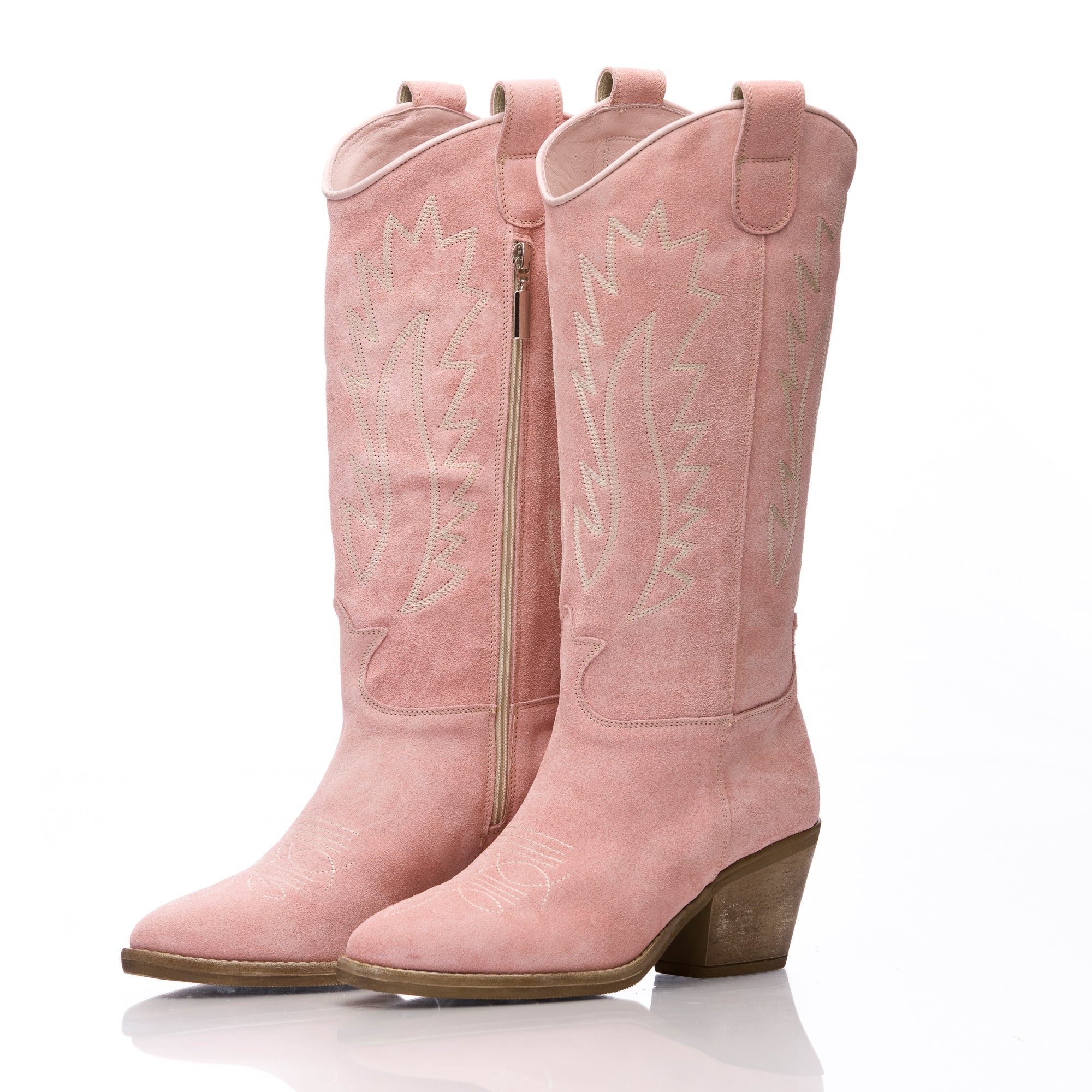Women´s Cowboy Boots Natural Suede Leather Embroidered Pink