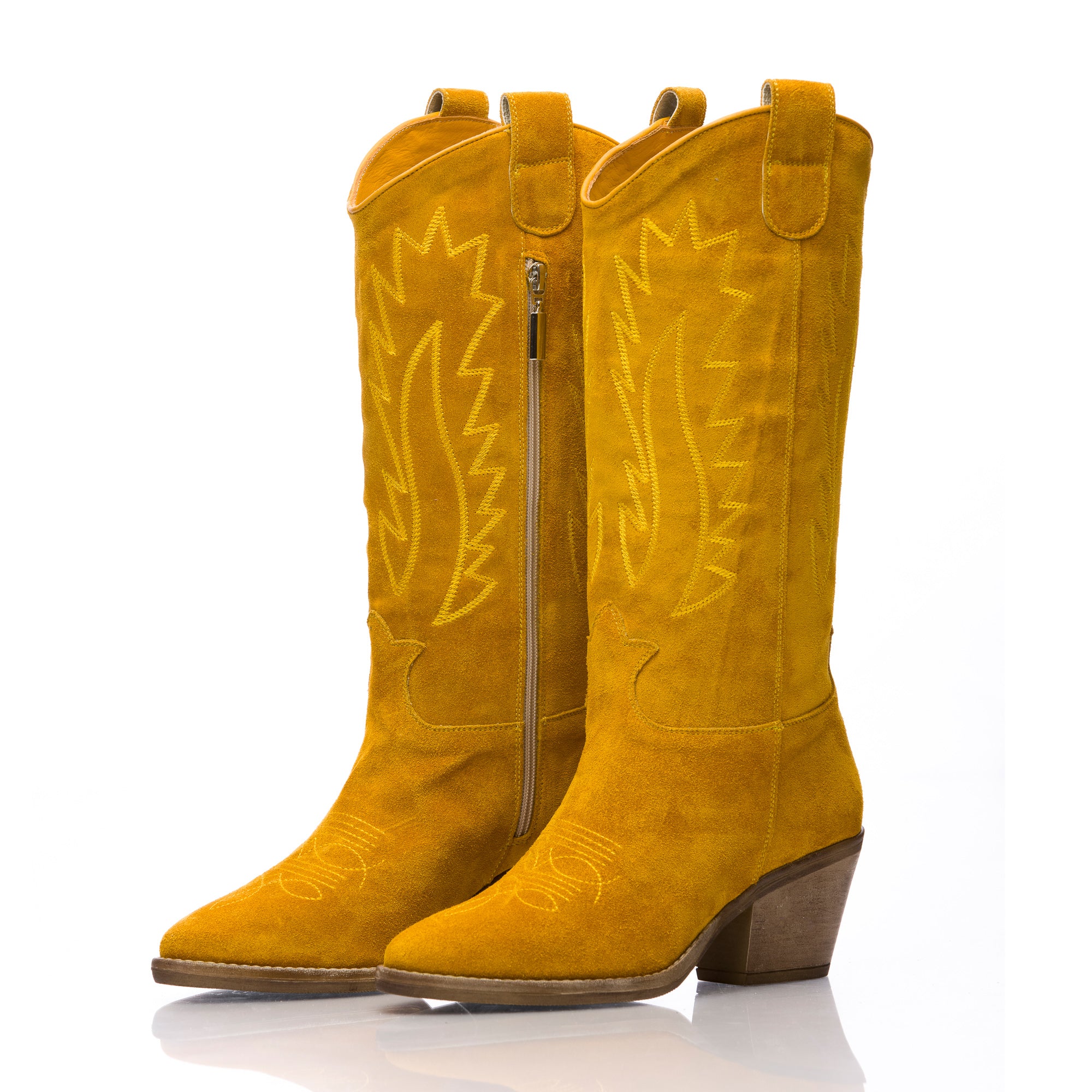 Women´s Cowboy Boots Natural Suede Leather Embroidered Yellow