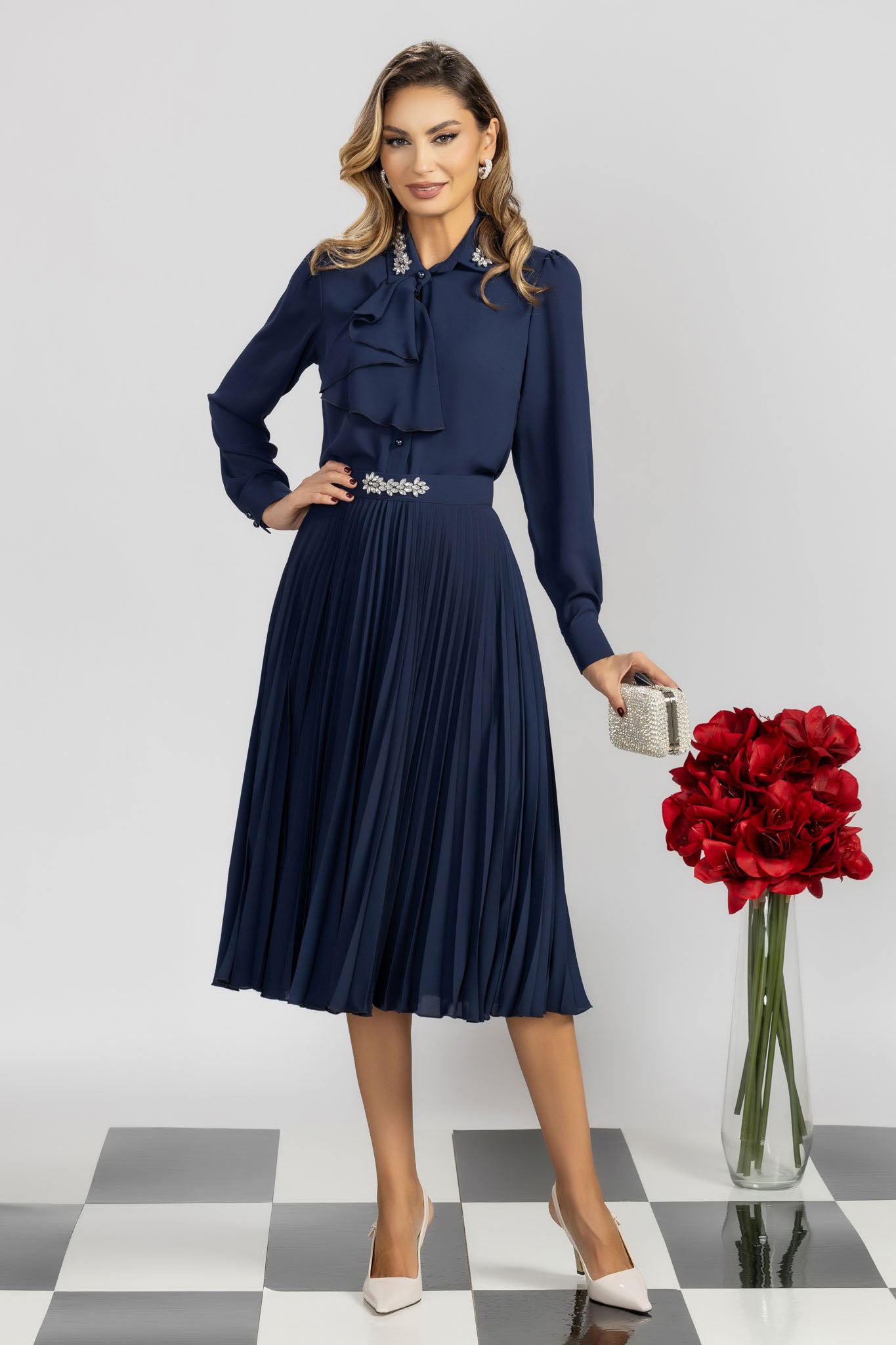 Pleated Skirt Navy Blue Chiffon Skirt Navy Blue Midi A-Line Skirt