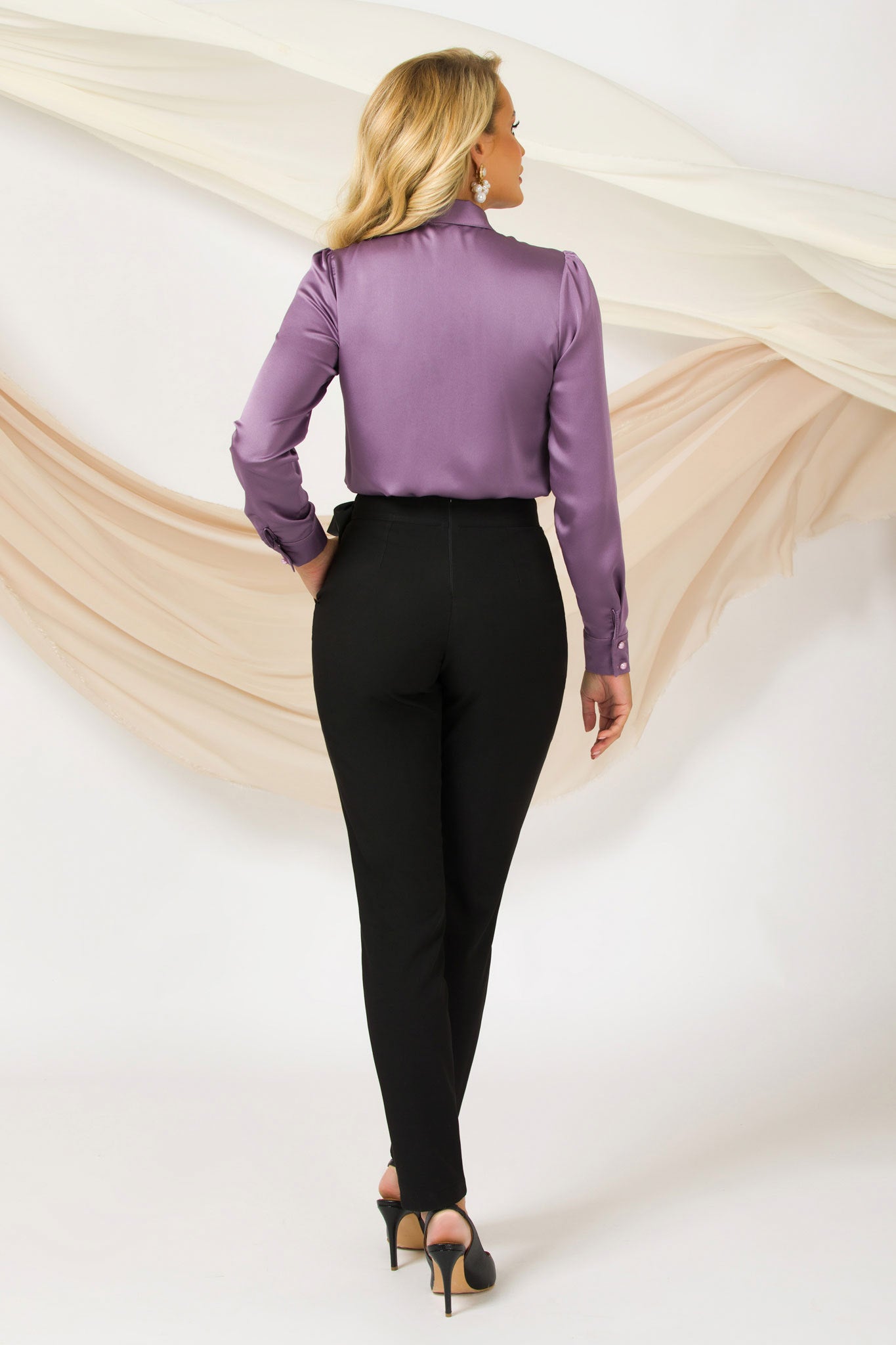Black Tapered Pants With Black Satin Bow On The Side