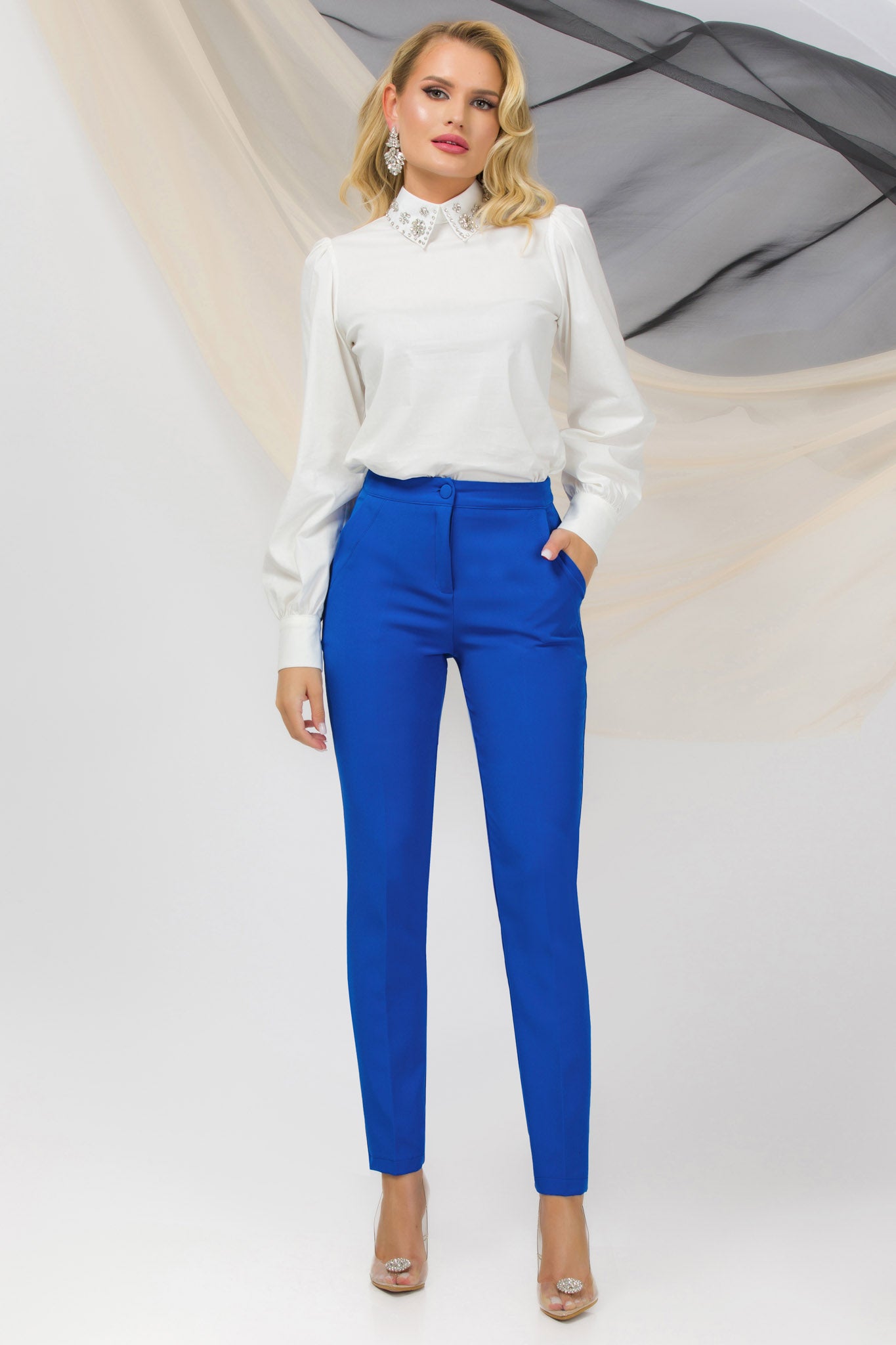 Blue Office Pants With Decorative Pocket Cut