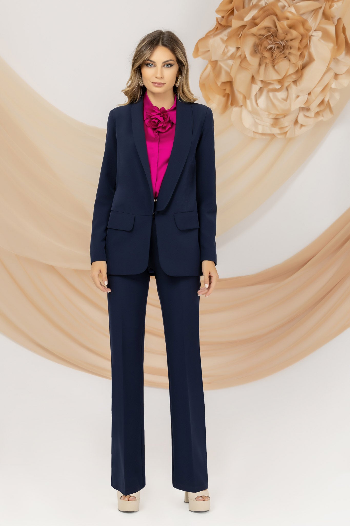 Fuchsia Satin Shirt With Hidden Slit And Decorative Flower At The Neck