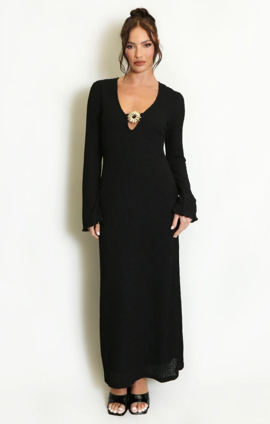 Black Textured V-Neck Maxi Dress with Sun Buckle Detail